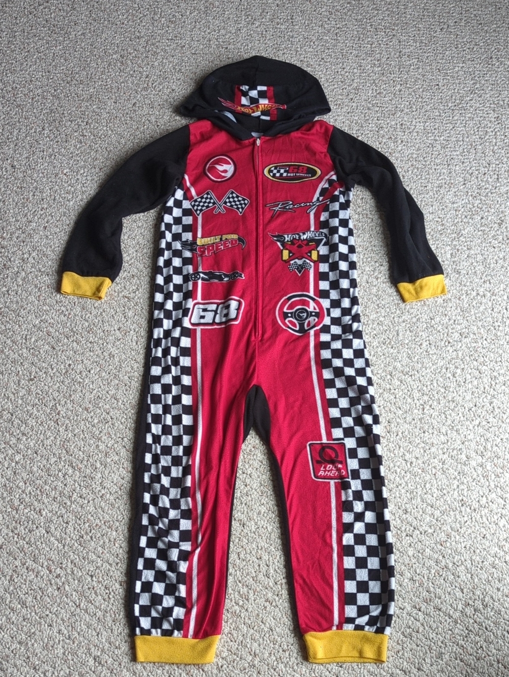 Hot Wheels Lounge Wear Pajamas Boys Kids Red Racing-Print One-Piece Footie Hood